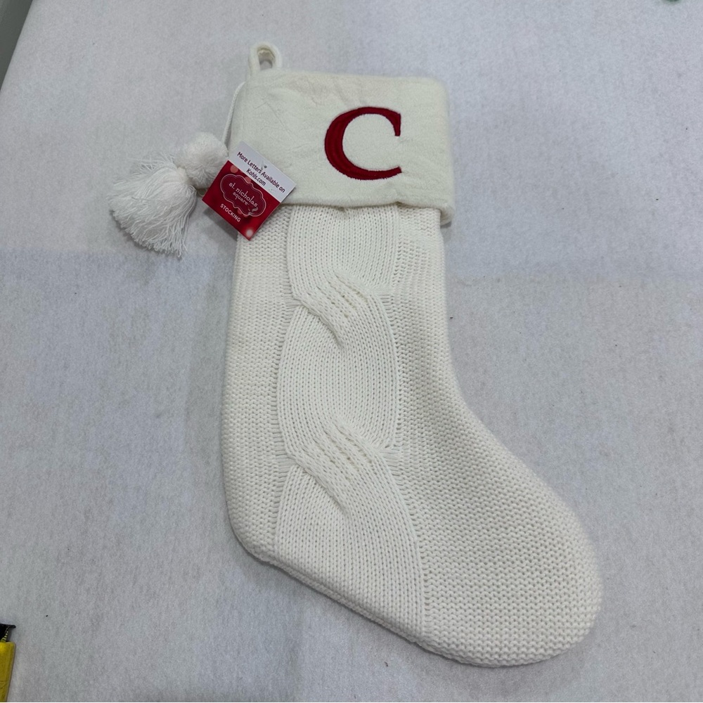 St. Nicholas Square Cream Knit Stocking with Red Initial